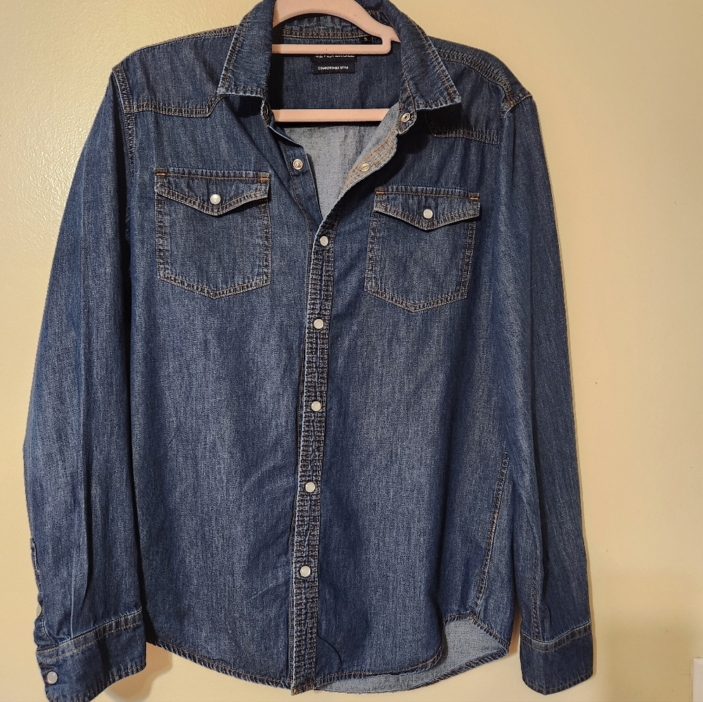 Denim Pearl Snap Button Shirt Lightweight  Small Western Rodeo Long Sleeve
